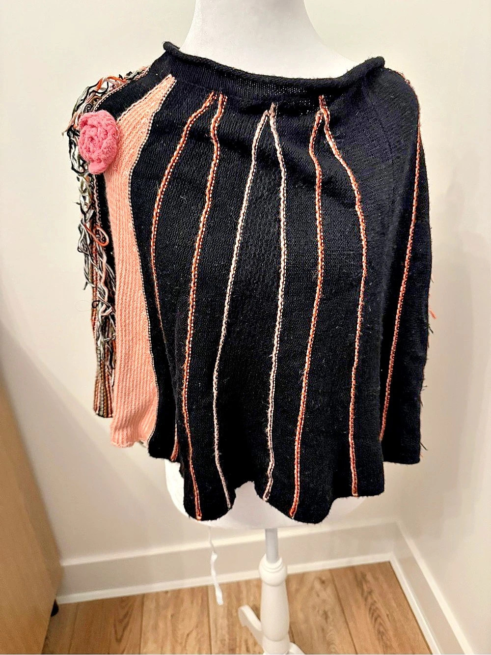BCBGMAXAZRIA Striped Fringe Sweater Poncho
